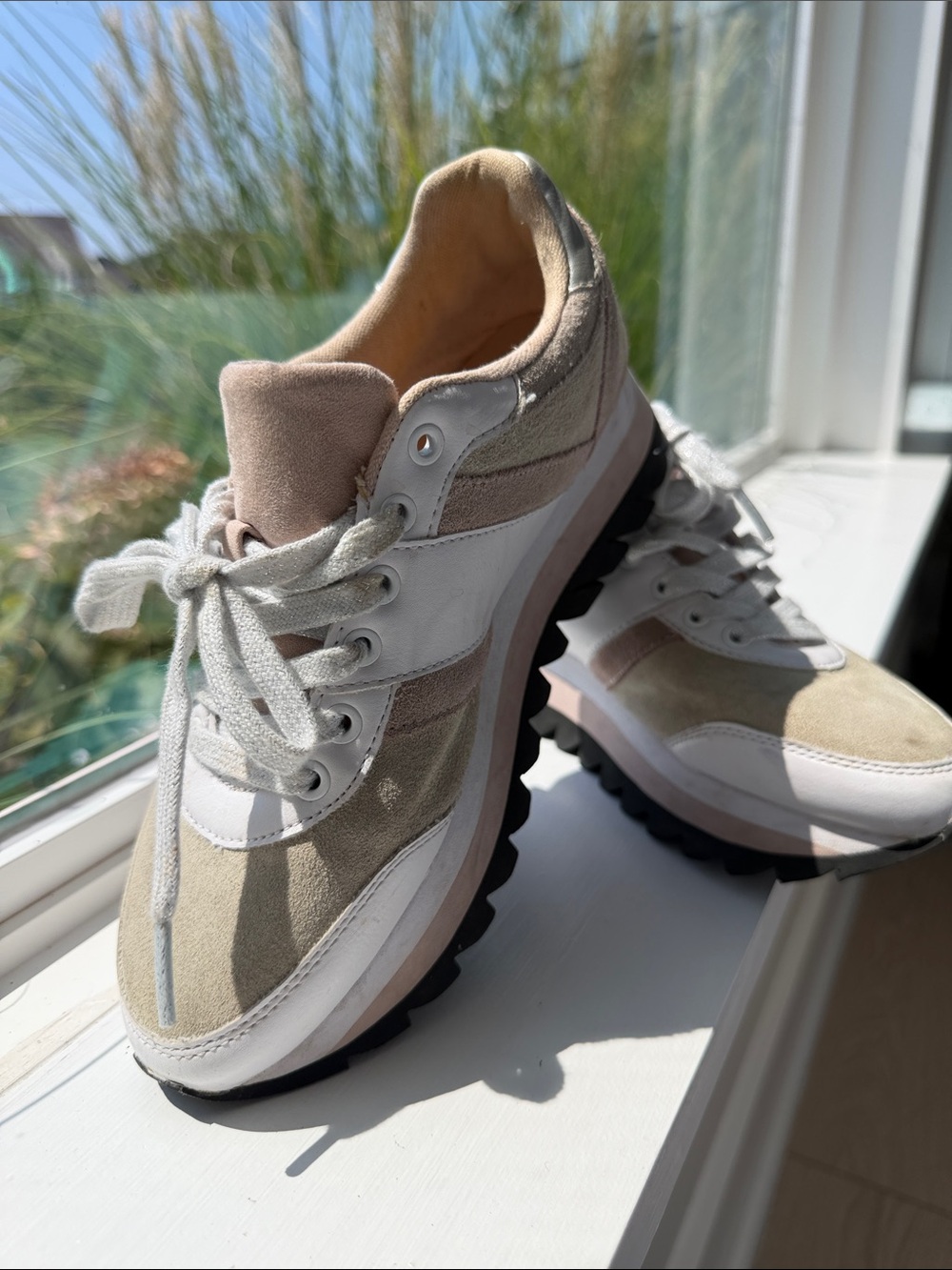 Zara Beige, White & Light Pink Suede-Trim Sneakers